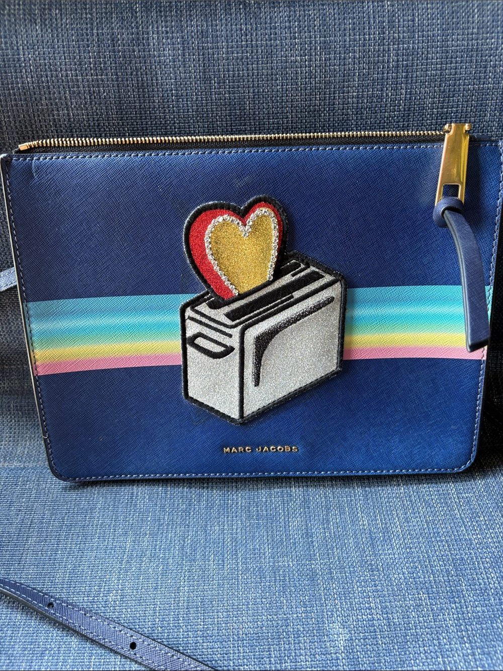Marc Jacobs Blue Crossbody with Rainbow Stripe and Toaster Heart Patch